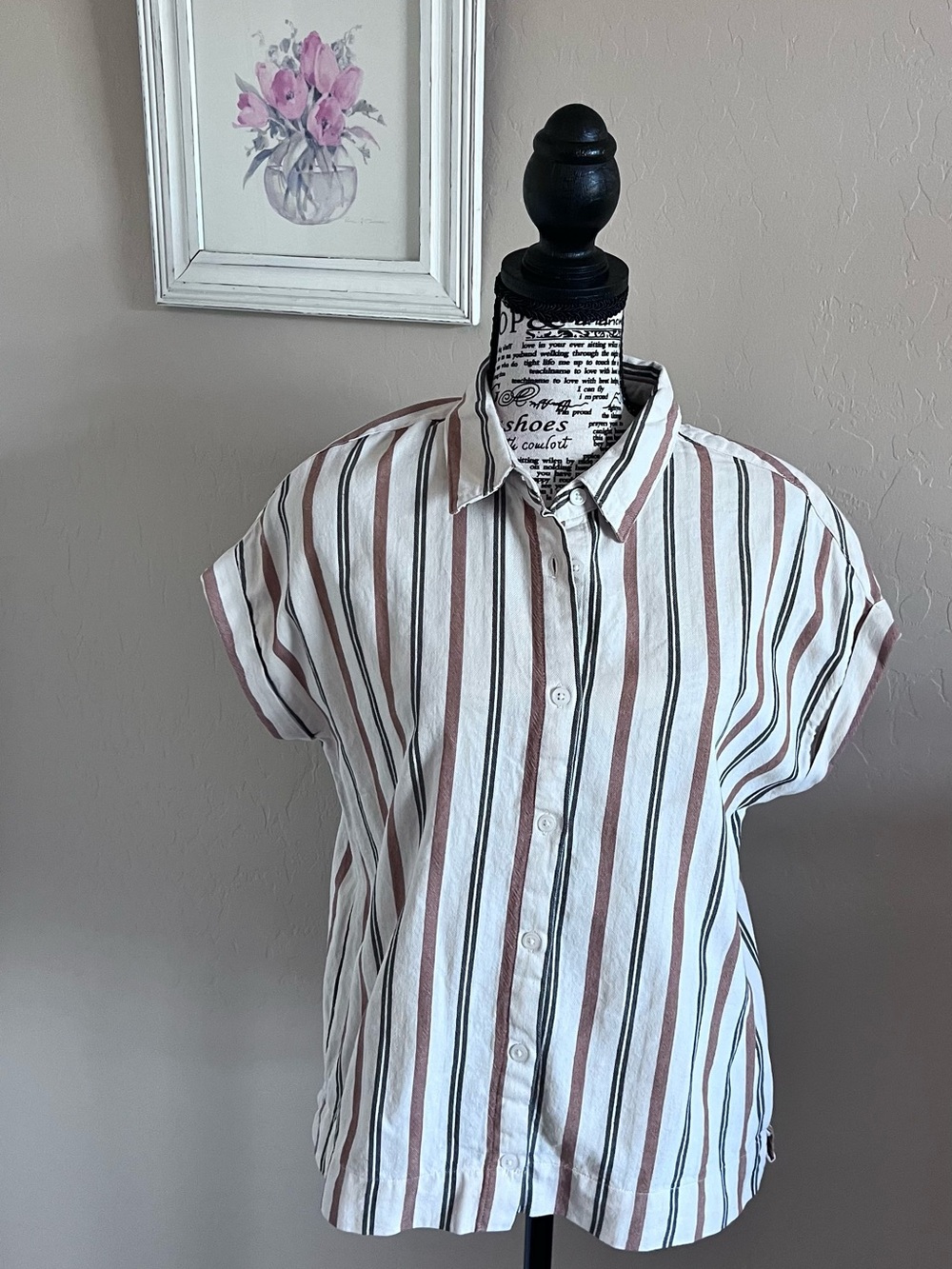 Thread & Supply White Shirt with Brown and Black Vertical Stripes